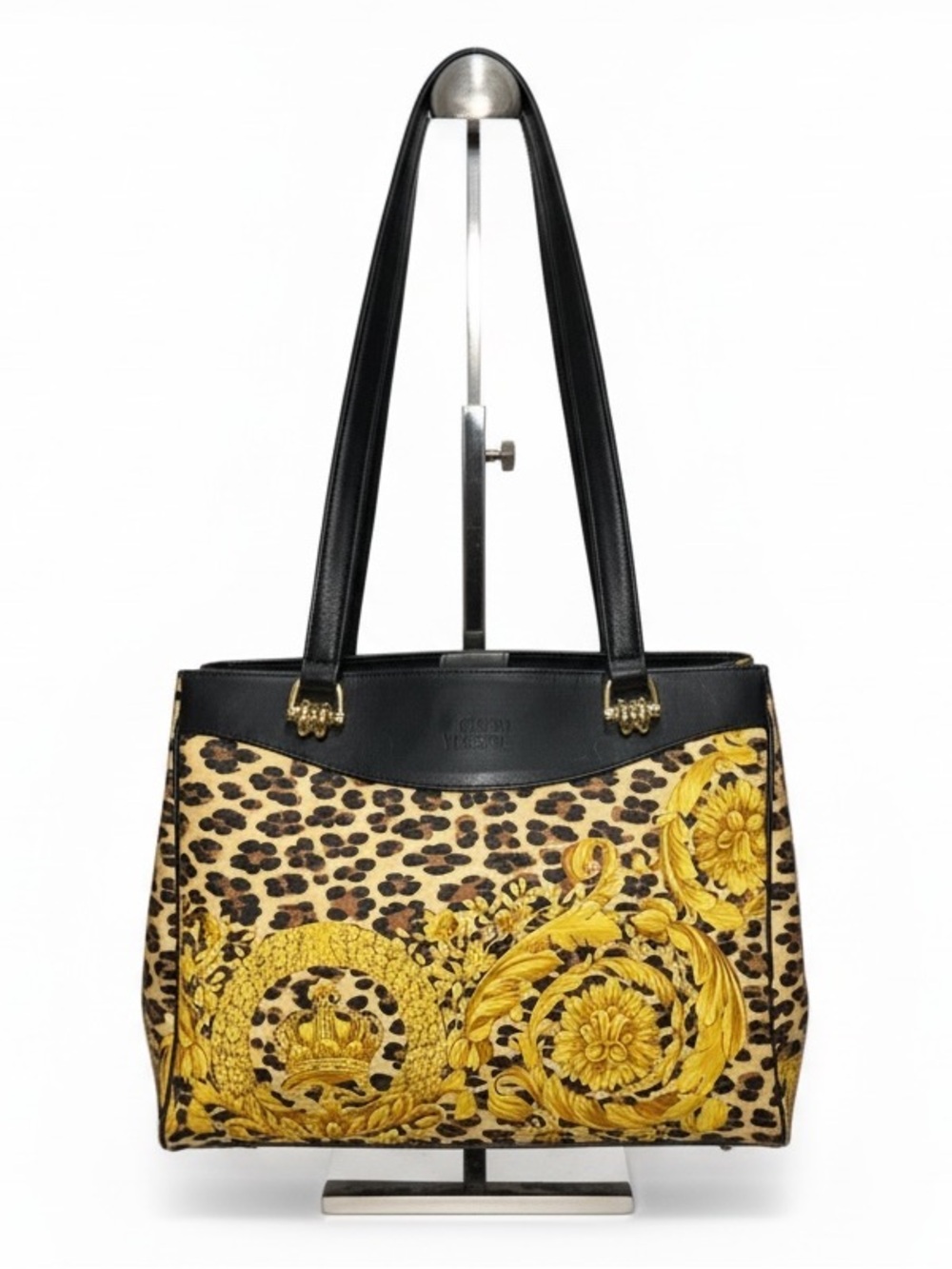 Versace Black and Gold Baroque Leopard Leather PVC Shoulder Tote Handbag EUC